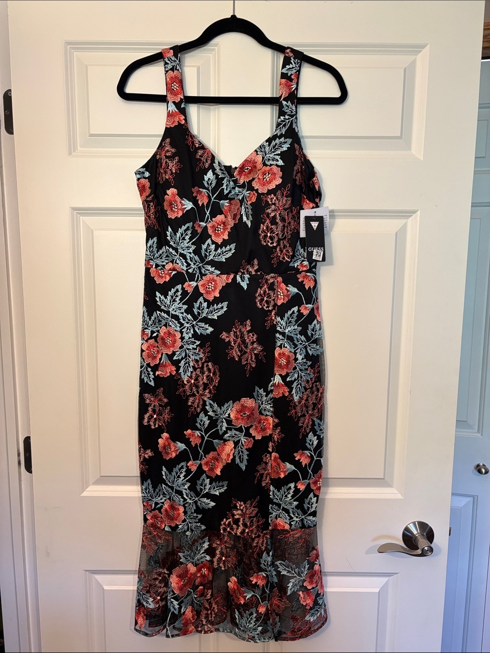 Guess Black Midi Dress with Coral and Light Blue Floral Print